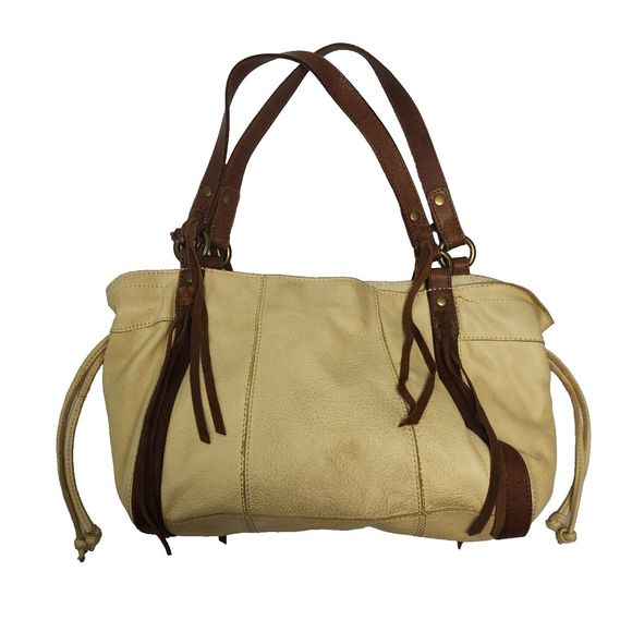 Lucky Brand Leather Purse Double Handle Brown Yellow Tote Hobo Boho Shoulder Bag - Picture 1 of 16